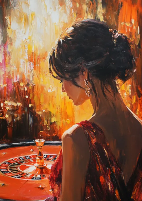 Olieverfschildering van een elegante vrouw in een rode jurk die over een casino roulettetafel kijkt