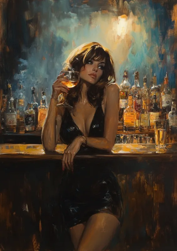 Olieverfschildering van een glamoureuze vrouw in een zwarte jurk aan een bar met een whiskeyglas