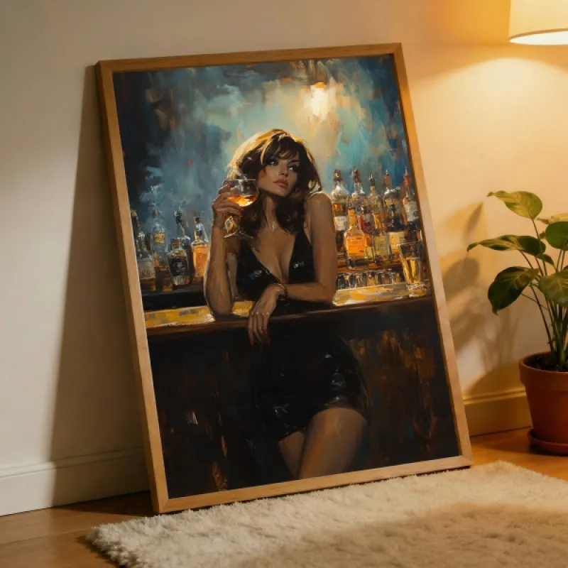 Vrouw aan de Bar — Vintage Glamour Olieverfschildering