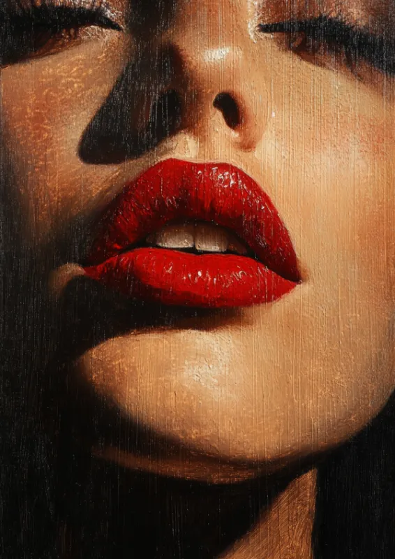Close-up oil painting portrait of a woman with crimson red lips framed by dark hair in dramatic shadow