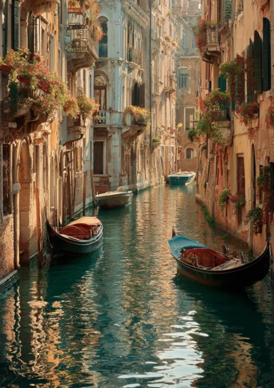Quiet Venice canal with gondolas and wooden boats on emerald green water between weathered palazzo buildings with flowering balconies and warm golden light reflections