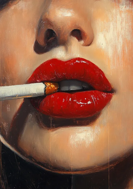 Close-up olieverfschildering van rode lippen met een sigaret tegen een warme amberkleurige achtergrond