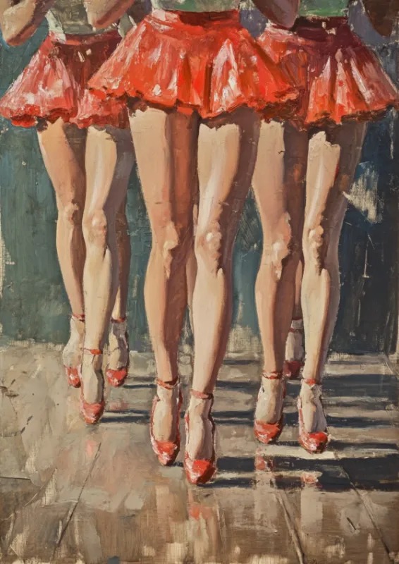 Olieverfschildering van balletdansersbenen in rode tutu's en rode hakken op een podiumvloer