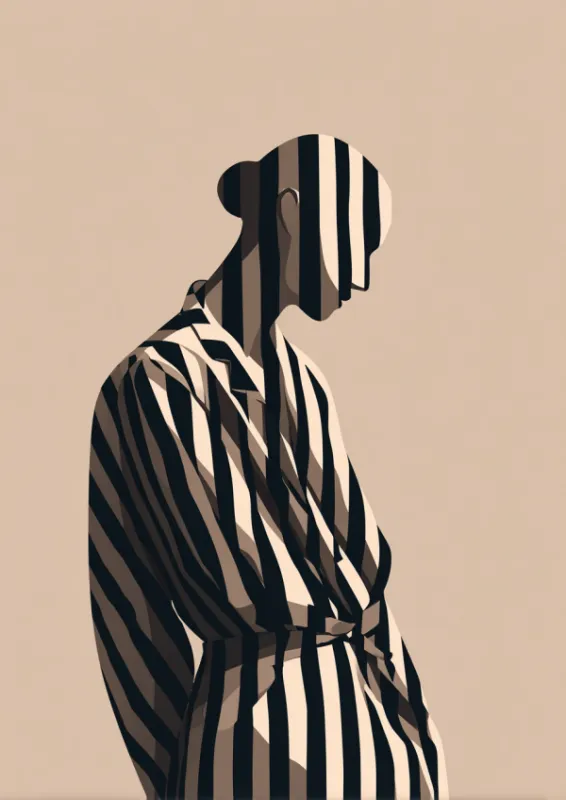 Minimalist illustration of a faceless figure in a bold black and white striped outfit against a warm sand background