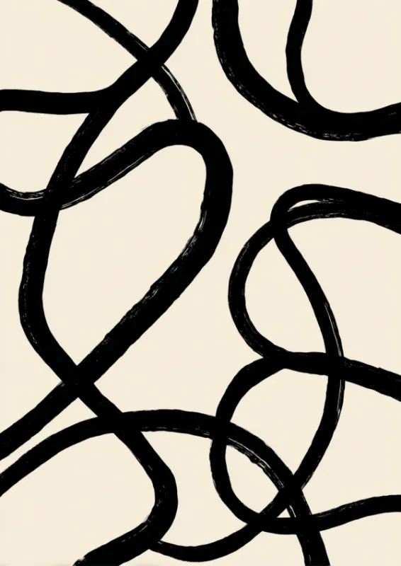 Abstract print of thick looping black brushstrokes flowing freely on a soft cream background