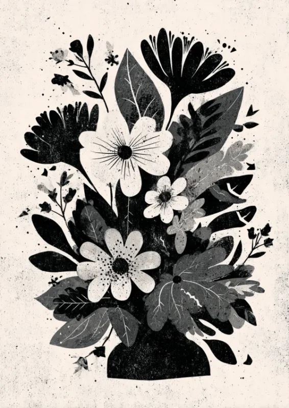 Bold black and white botanical bouquet illustration with a rich textured linocut quality on a cream background