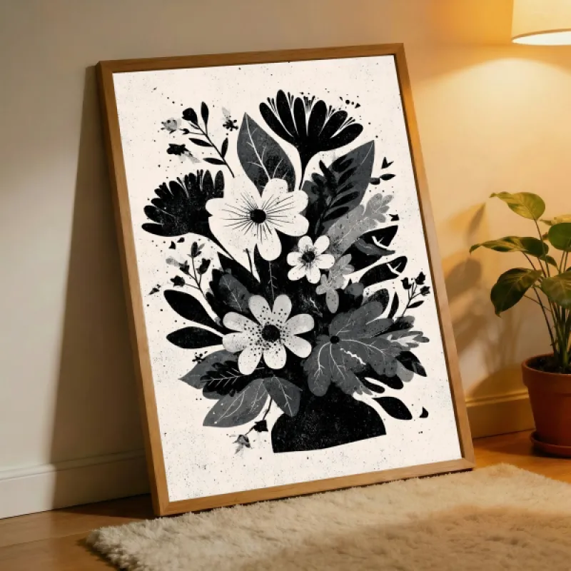 Dark Bloom — Black & White Botanical Bouquet Print