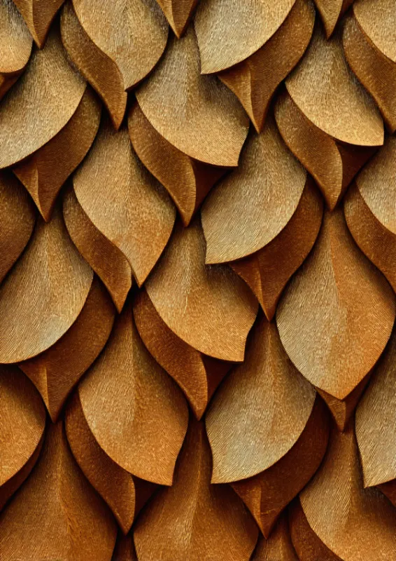 Close-up of overlapping leaf-shaped forms in rich copper bronze and amber tones creating a scale-like pattern