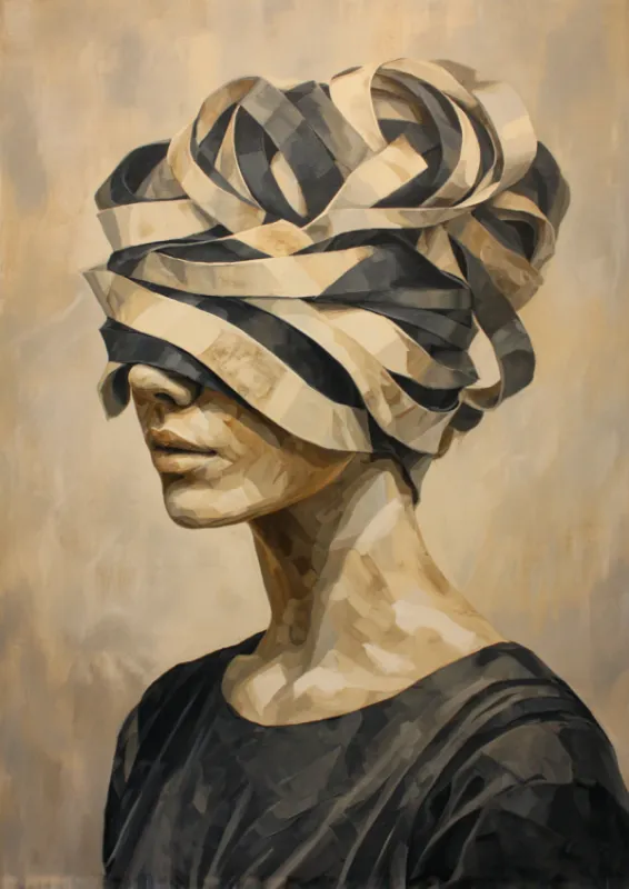 Oil painting of a woman in profile with her head and face wrapped in flowing black and white striped ribbon against a warm ochre background