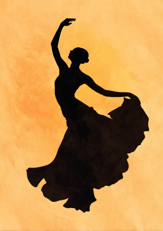 Black silhouette of a flamenco dancer with arm raised and skirt billowing against a warm amber watercolor background