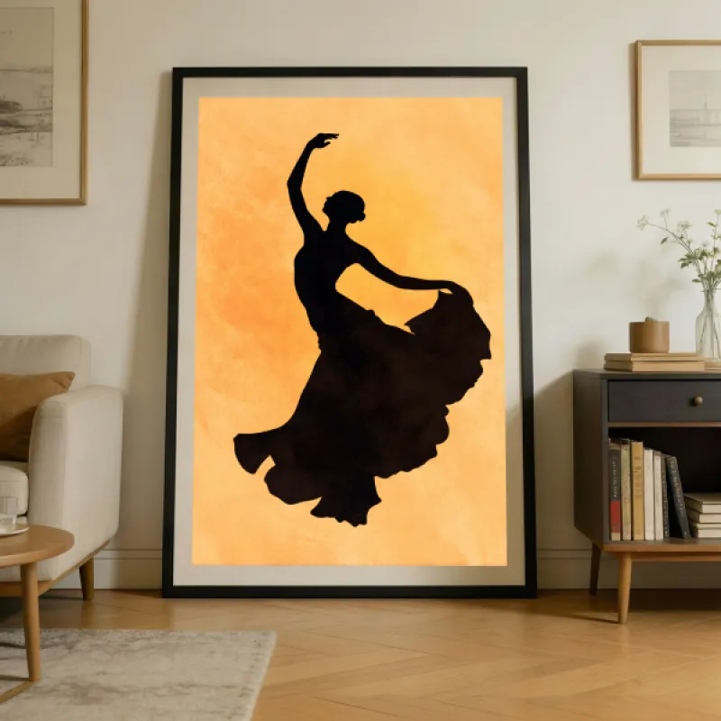 Flamenco Silhouette — Dancer on Amber Watercolor Print
