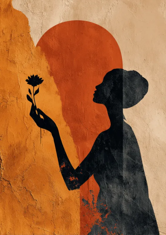 Dark female silhouette holding a single flower against a split terracotta and beige background with a bold red circle