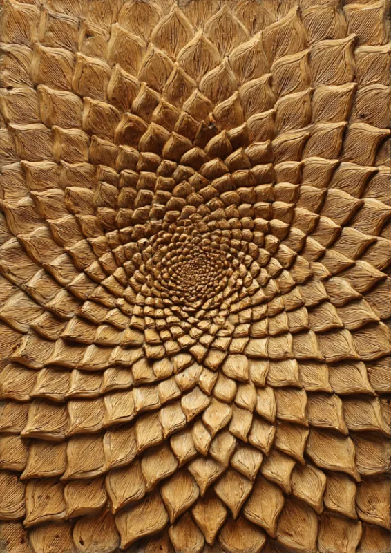 Close-up of an intricate spiral pattern in warm golden brown tones resembling a sunflower seed arrangement