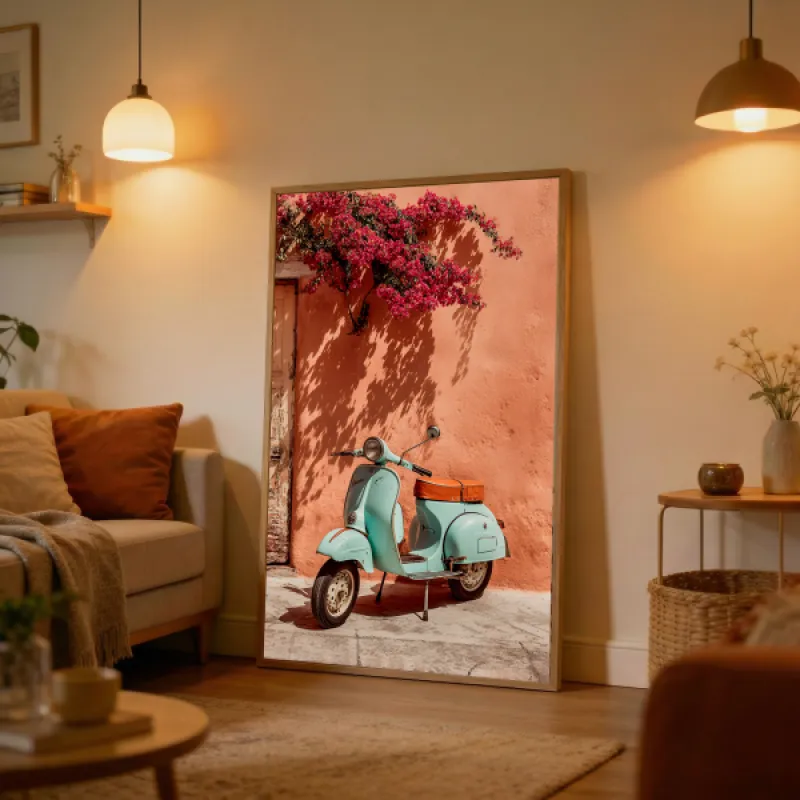 Mint Green Vintage Scooter Wall Art Print — Italian Street Bougainvillea Photography Poster
