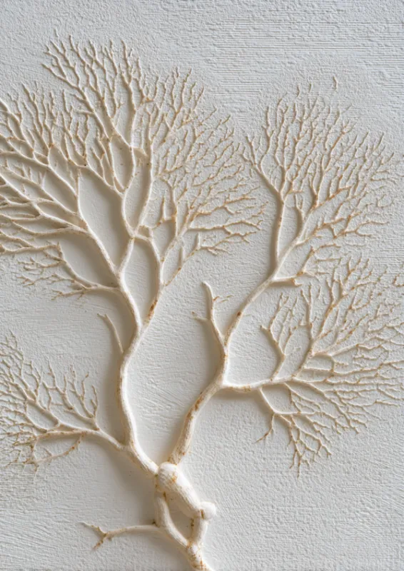 Delicate white sculptural coral-like tree with fine branching arms spreading upward against a white textured background