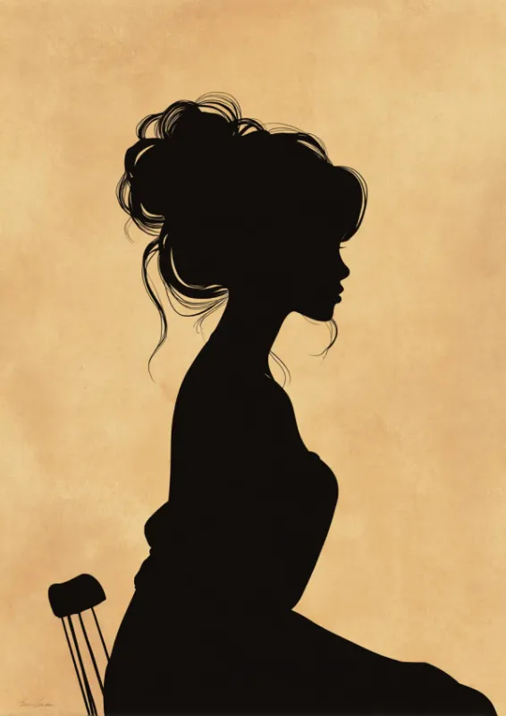 Detailed black silhouette of a woman in profile with an elegant updo and instrument resting at her side on a warm antique gold background