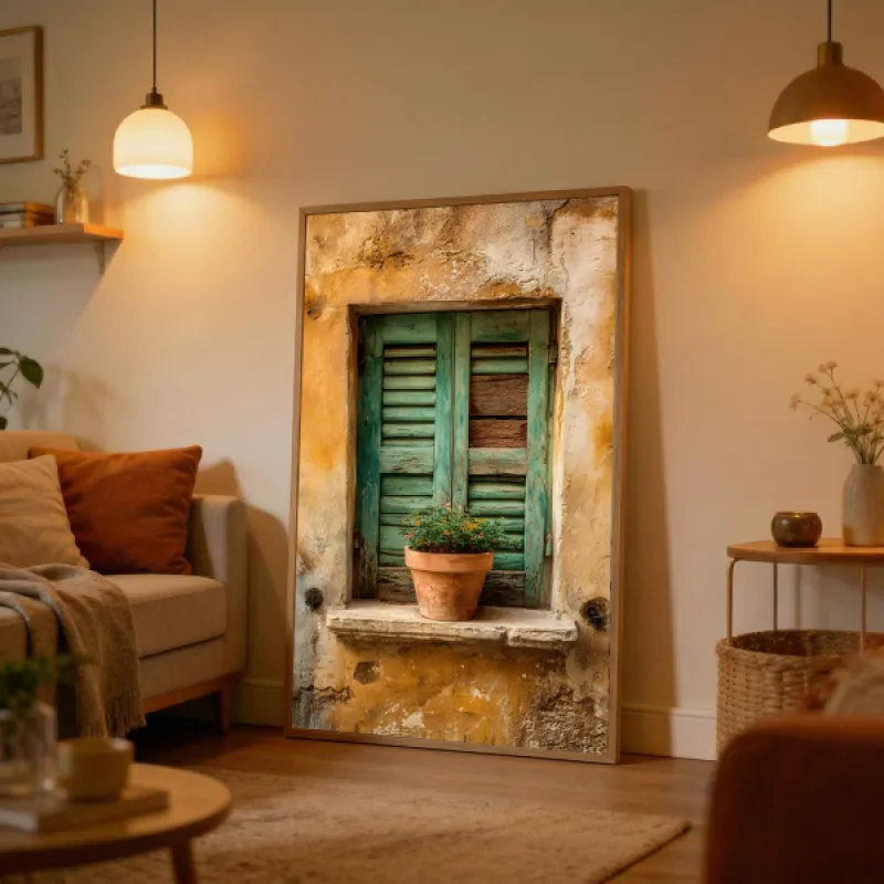 Tuscan Window with Green Shutters Wall Art Print — Rustic Italian Village Photography Poster