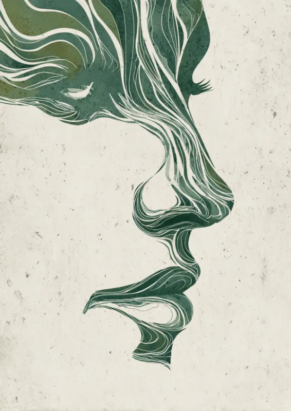 Woman side profile in flowing green line art illustration on textured cream background