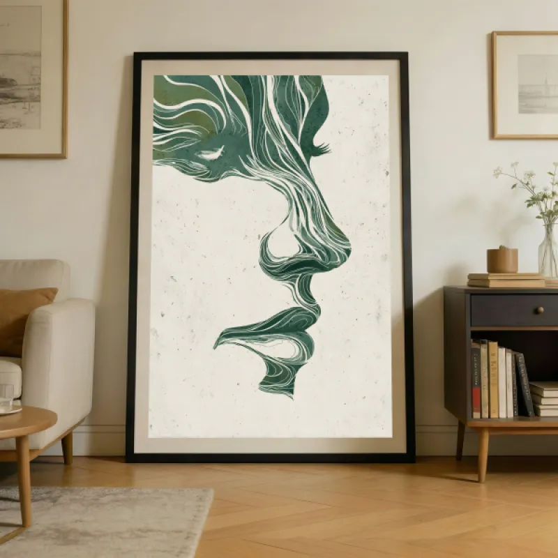 Woman Profile in Green Line Art Wall Art Print — Flowing Hair Illustration Poster