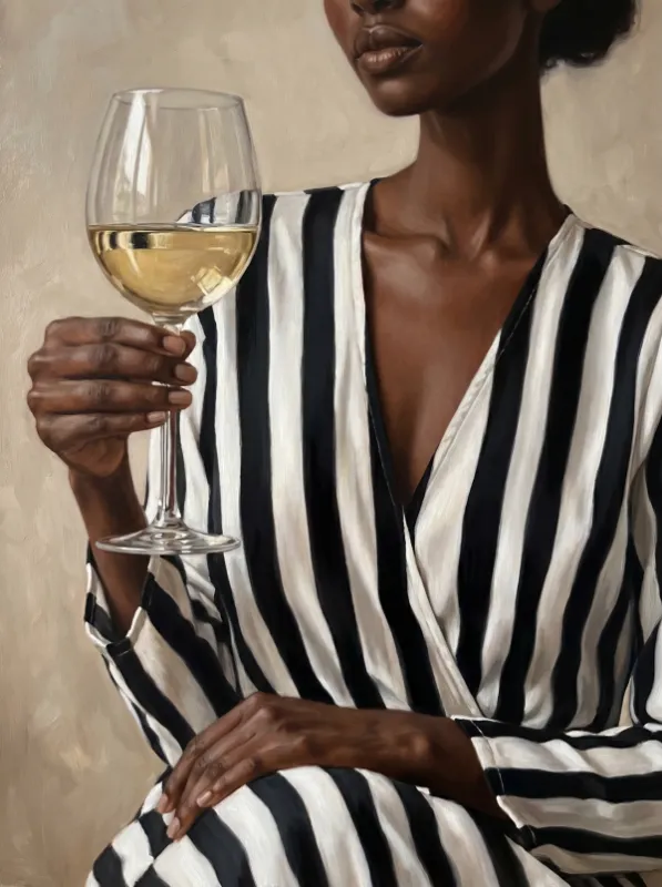 Oil painting of woman in black and white striped wrap dress holding white wine glass on beige background