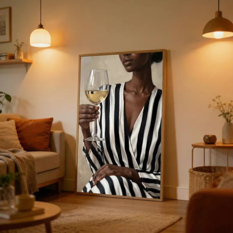 Woman in Striped Dress with Wine Glass Wall Art Print — Elegant Oil Painting Poster