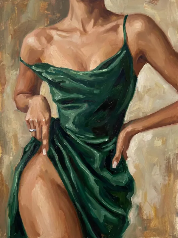 Oil painting of woman in emerald green silk draped dress with expressive brushwork on golden beige background
