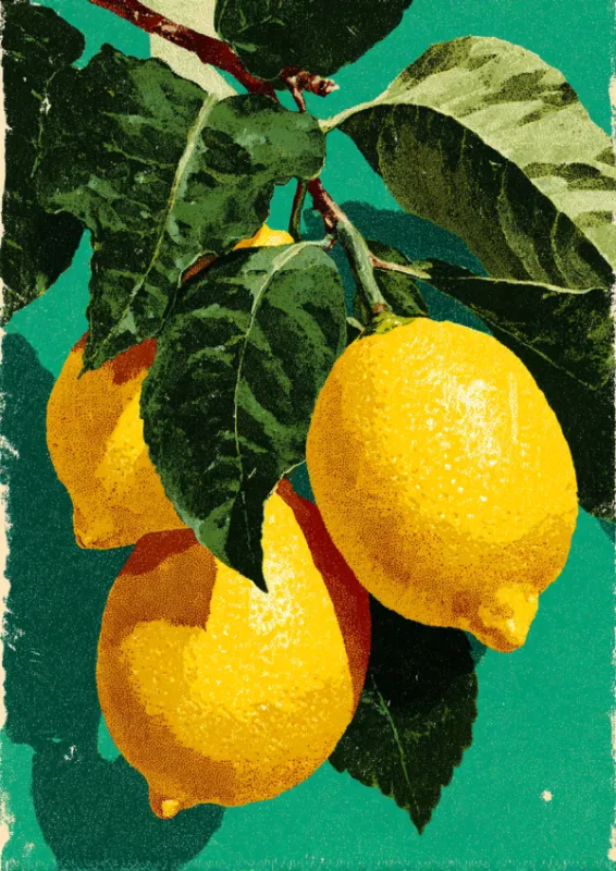 Retro style illustration of three ripe yellow lemons hanging from a branch with dark green leaves against a bold teal background with vintage grain texture and worn edges