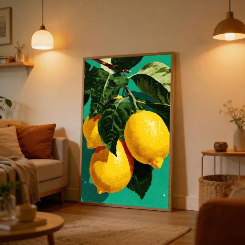 Retro Lemon Branch Illustration Wall Art Print — Vintage Citrus Botanical Poster
