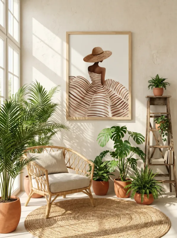 Elegante Strohoed Vrouw Wandkunst Print — Neutrale Tinten Faceless Mode Poster