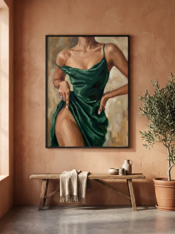 Woman in Emerald Green Silk Dress Wall Art Print — Figurative Oil Painting Poster