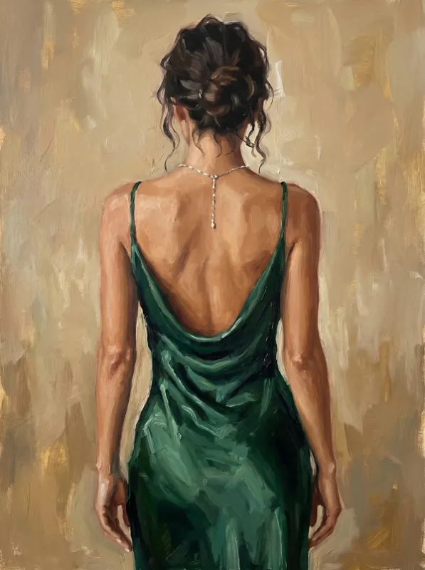 Oil painting of a faceless woman seen from behind wearing an emerald green backless dress with a delicate pendant necklace down her spine and a loose dark updo against a warm golden impasto brushstroke background