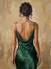 Vrouw in Smaragdgroene Jurk Olieverfschilderij Wandkunst Print — Faceless Elegante Rugaanzicht Poster