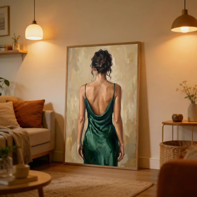 Woman in Emerald Green Dress Oil Painting Wall Art Print — Faceless Elegant Back View Poster