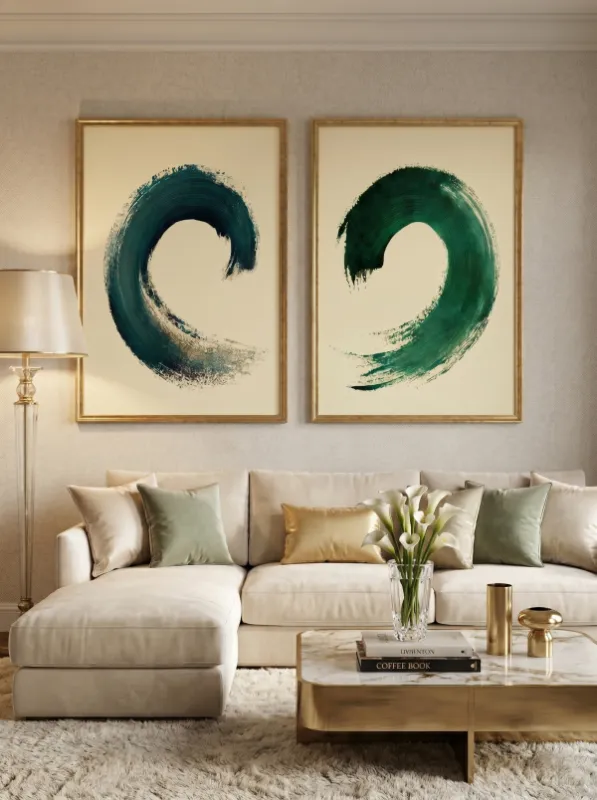 Teal wave enso-inspired brushstroke abstract on cream background