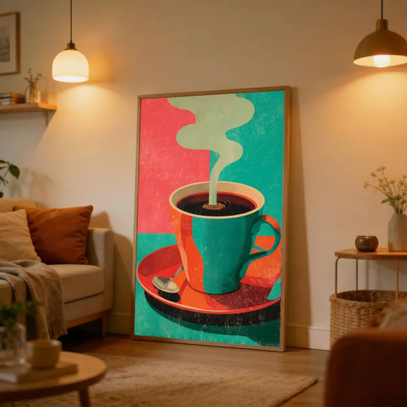 Retro Steaming Coffee Cup Illustration Wall Art Print — Vintage Café Poster in Teal & Coral