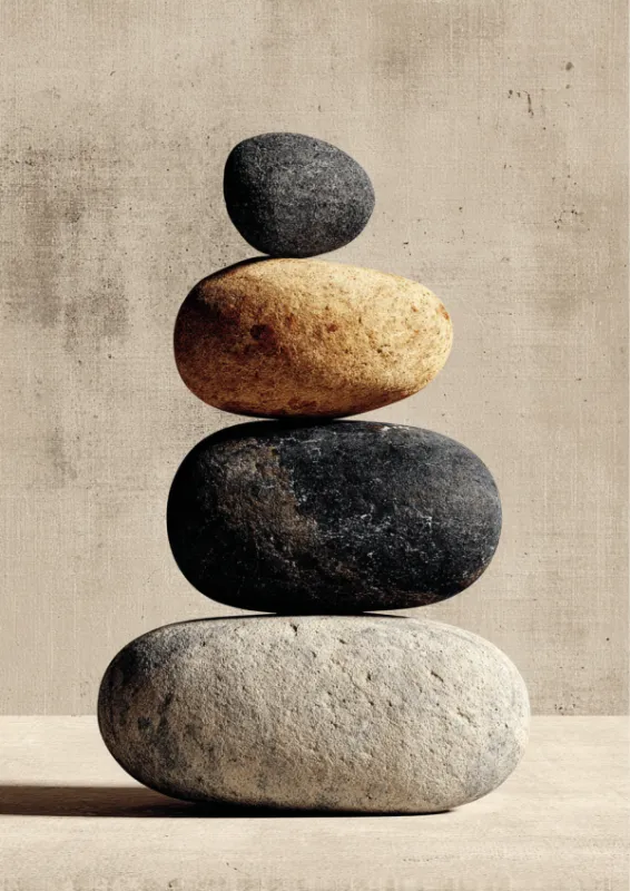 Four smooth organic stones balanced in a stack from large to small in grey, dark basalt, warm sandstone, and charcoal tones against a soft textured beige linen background