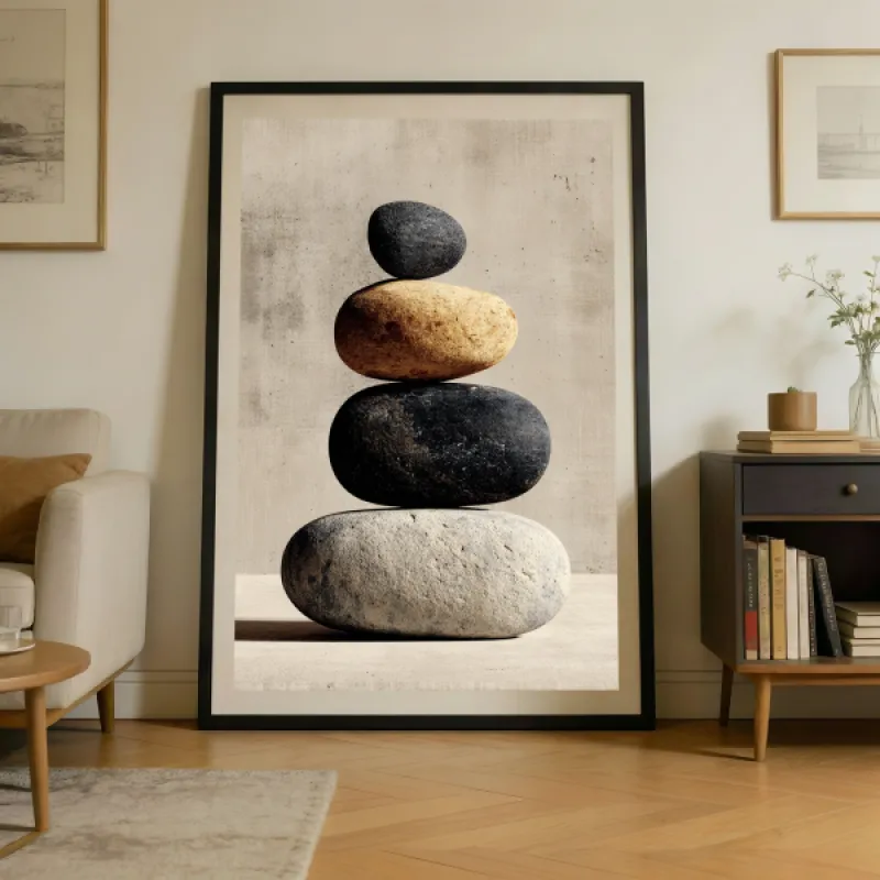 Four smooth organic stones balanced in a stack from large to small in grey, dark basalt, warm sandstone, and charcoal tones against a soft textured beige linen background