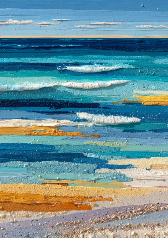 Abstract impasto painting of an ocean seascape with thick textured horizontal brushstrokes in deep azure, turquoise, teal, and cerulean blue with white foam and golden sand tones