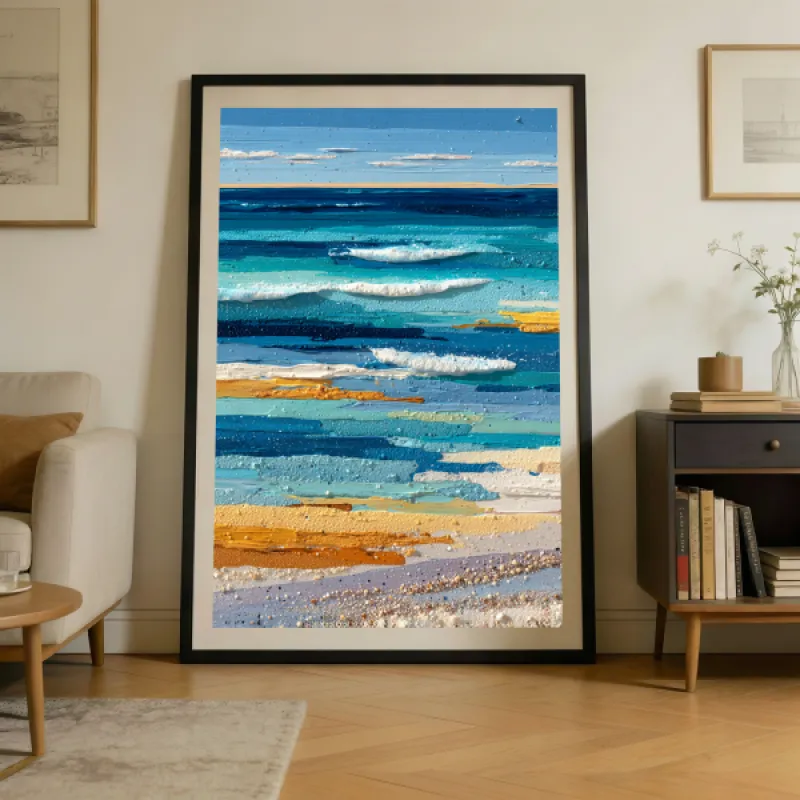 Abstract impasto painting of an ocean seascape with thick textured horizontal brushstrokes in deep azure, turquoise, teal, and cerulean blue with white foam and golden sand tones